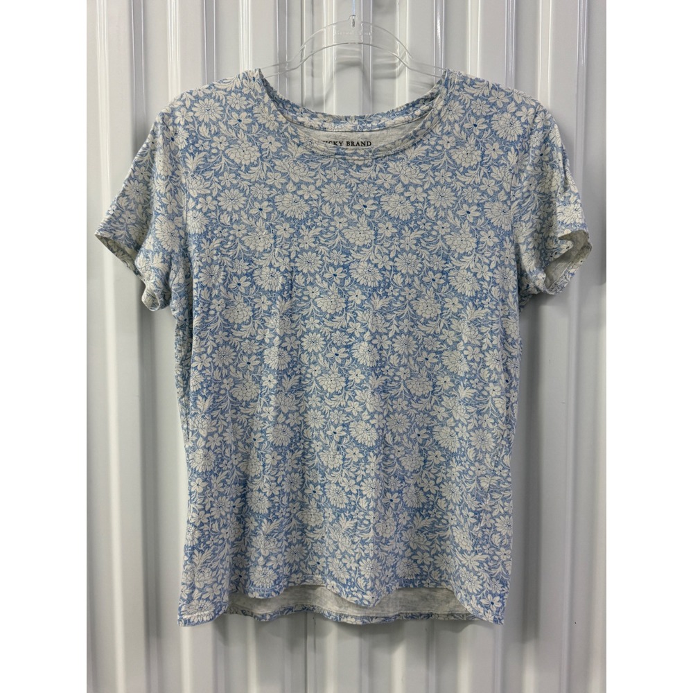 Lucky Brand Floral T-Shirt Women M Blue Fair Short Sleeve Crew Neck Cotton Blend